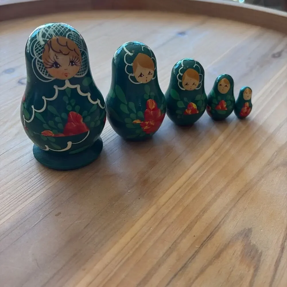 Vintage authentic Russian Green Matryoshka nesting Doll with Red Accents